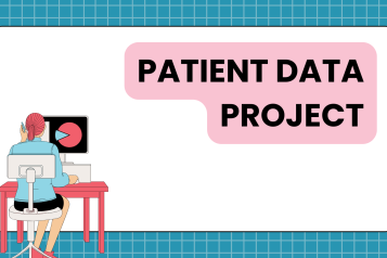 Cartoon image of person using a computer at a desk. Text says: Patient Data Project.