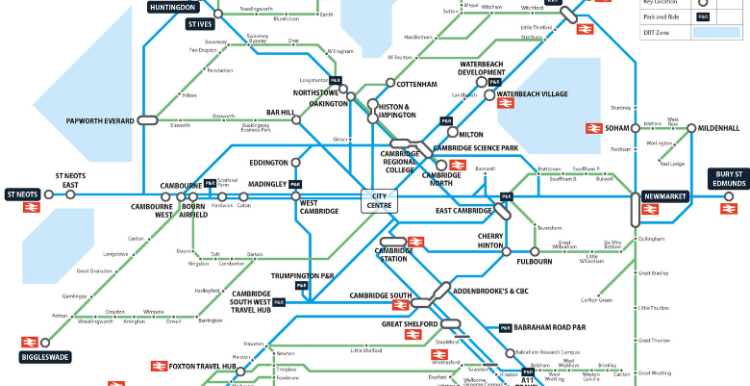 Map of proposed sustainable travel zone bus routes for Cambridge 