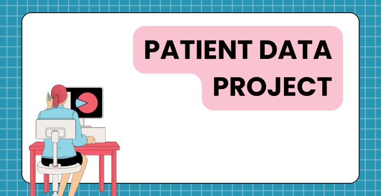 Cartoon image of person using a computer at a desk. Text says: Patient Data Project.