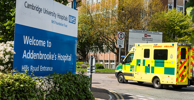 Addenbrookes Hospital sign and ambulance