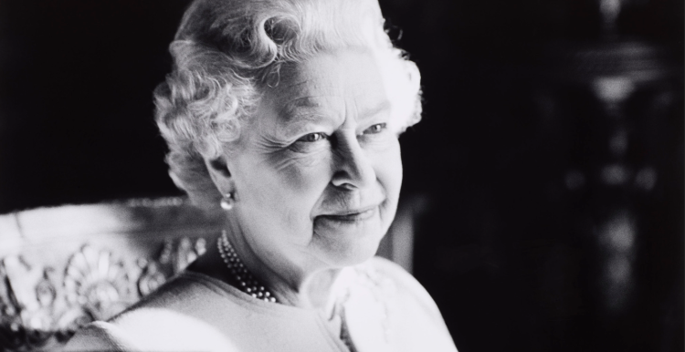 Black and white image of Her Majesty the Queen 