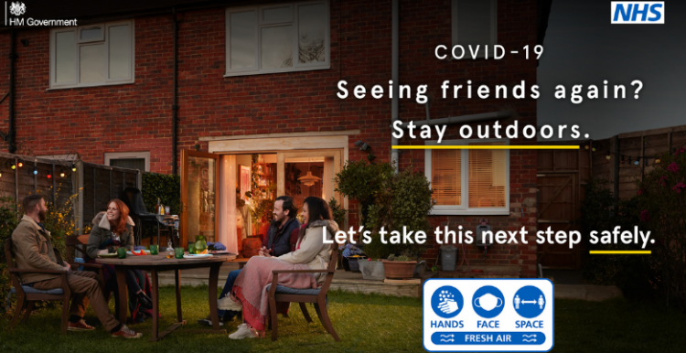 Meet ups must be outside if it's with people outside of your household graphic illustrating new social distancing rules of meeting outdoors