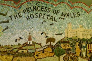 Mosaic of Ely and the words Princess of Wales Hospital