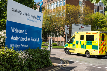 Addenbrookes Hospital sign and ambulance