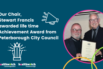 Healthwatch Chair Stewart Francis receives Lifetime Achievement Award from Councillor Wayne Fitzgerald