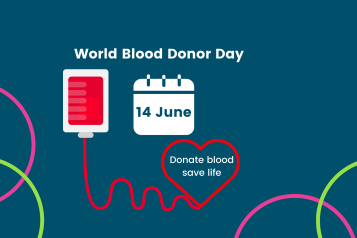 An image of a blood bag leading into a heart which says donate blood, save a life. An image of a calendar with the date June 14th, highlighting the date as world blood donation day